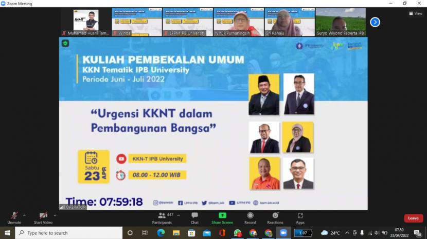 IPB University melalui Lembaga Penelitian dan Pengabdian Masyarakat (LPPM) memberikan pembekalan bagi mahasiswa yang akan mengikuti program Kuliah Kerja Nyata Tematik (KKNT) 2022, pada Sabtu  (23/4).