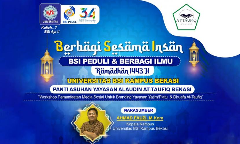 Universitas BSI (Bina Sarana Informatika) kampus Bekasi berinisiatif menggelar kegiatan berbagi ilmu terkait media sosial, yang menjadi bagian dari Berbagi Sesama Insan, kepada pengurus dan anak asuh Yayasan Panti Asuhan At-Taufiq Kota Bekasi.