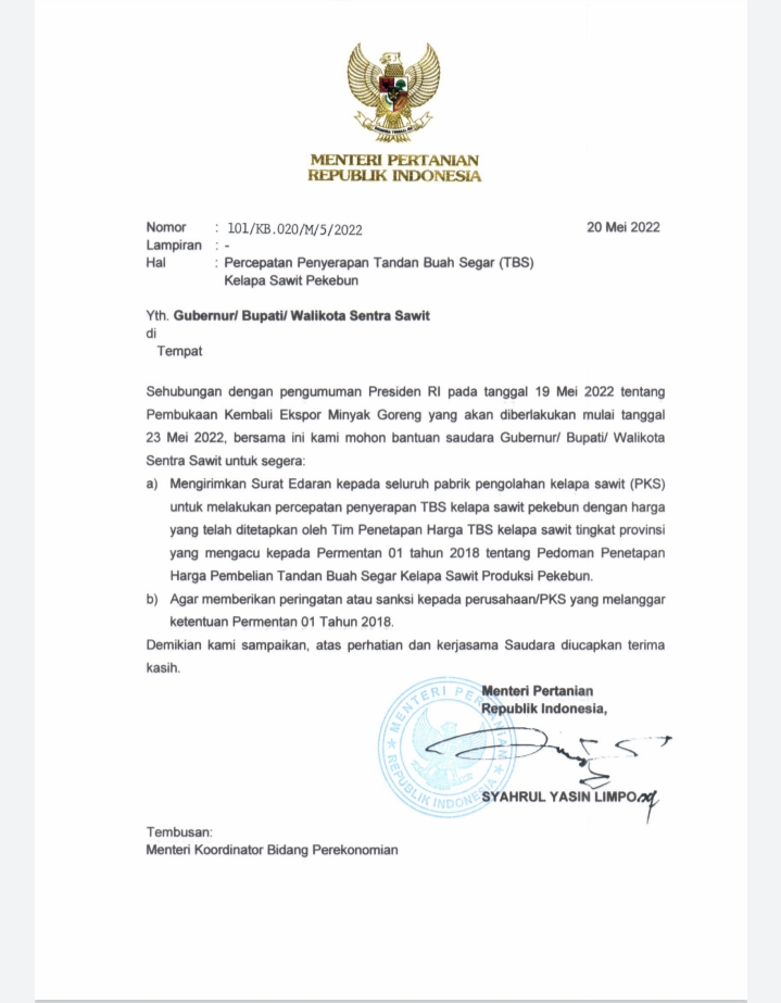 Mentan SYL Minta Kepala Daerah Terbitka SE Percepatan Penyerapan TBS Kelapa Sawit