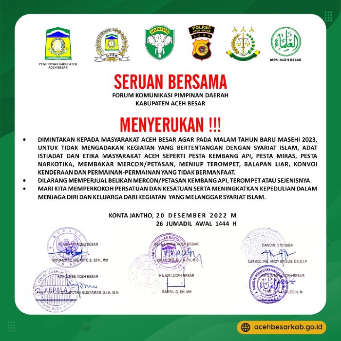 Pemkab Aceh Besar Imbau Warga Tak Rayakan Pergantian Tahun