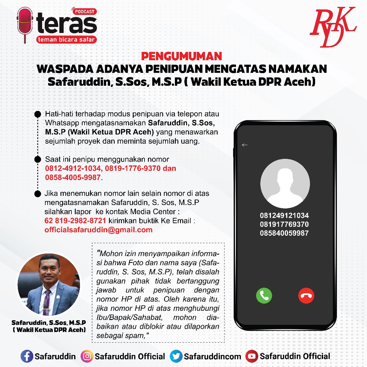 Hati-hati! Penipuan Catut Nama Safaruddin Minta Transfer Uang