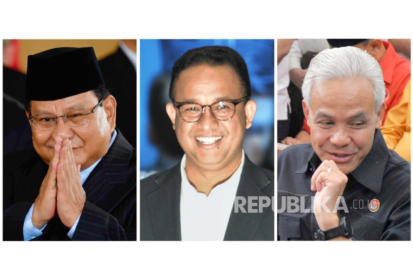 Bacapres Prabowo Subianto (kiri), Anies Rasyid Baswedan (Tengah), dan Ganjar Pranowo (kanan).