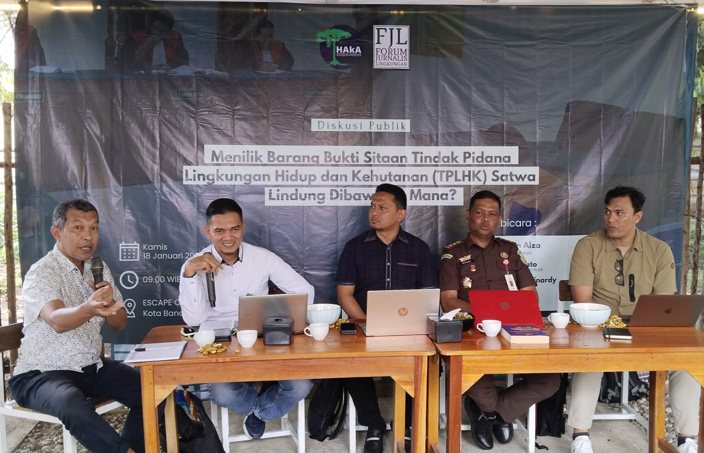 Diskusi Publik Barang Bukti Tindak Pidana Lingkungan Hidup dan Kehutanan (TPLHK) Satwa Lindung di Kota Banda Aceh, Kamis (18/1/2024). [Dok. FJL Aceh]