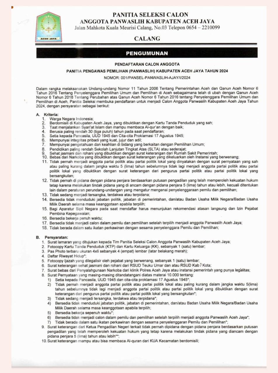 Surat pengumuman pendaftaran calon panwaslih Aceh Jaya.