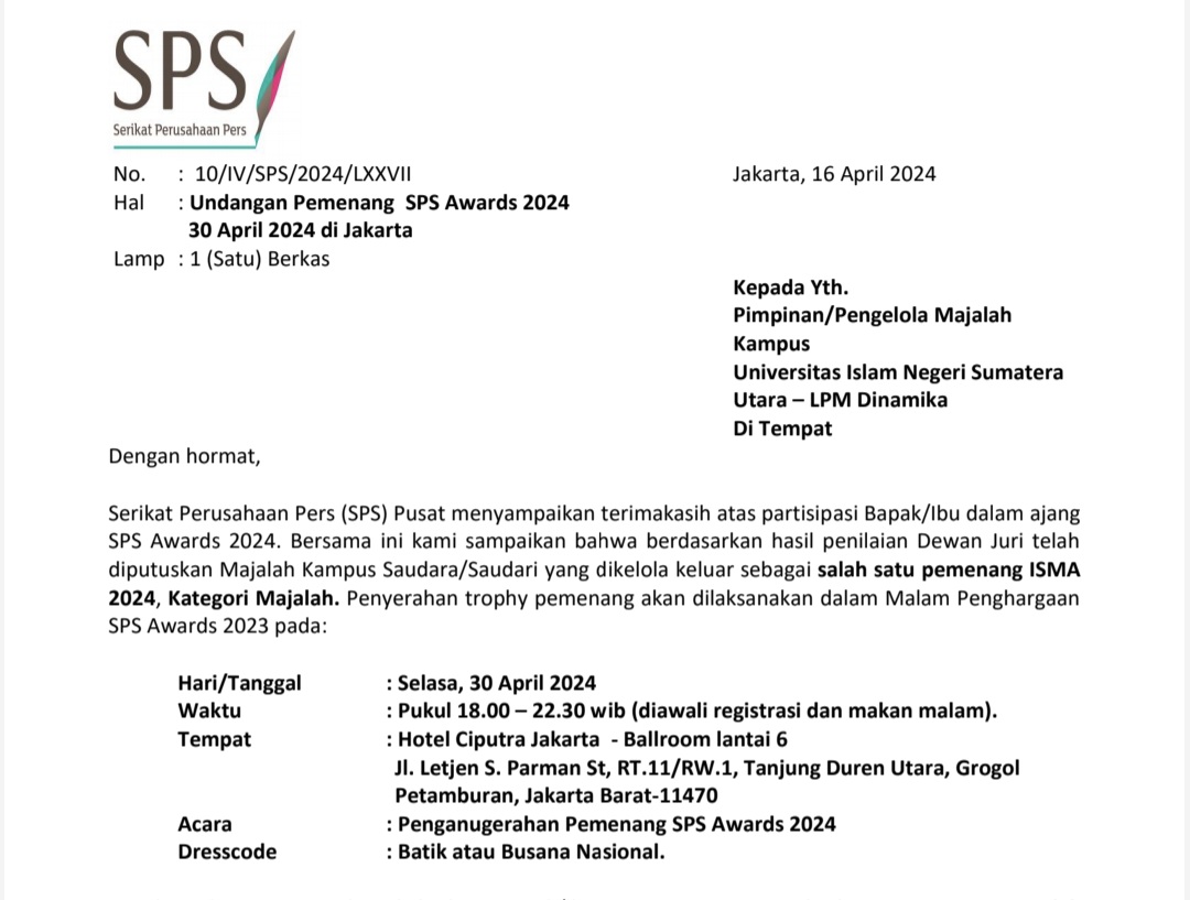LPM Dinamika UIN SU Masuk Daftar Pemenang Penghargaan ISMA 2024