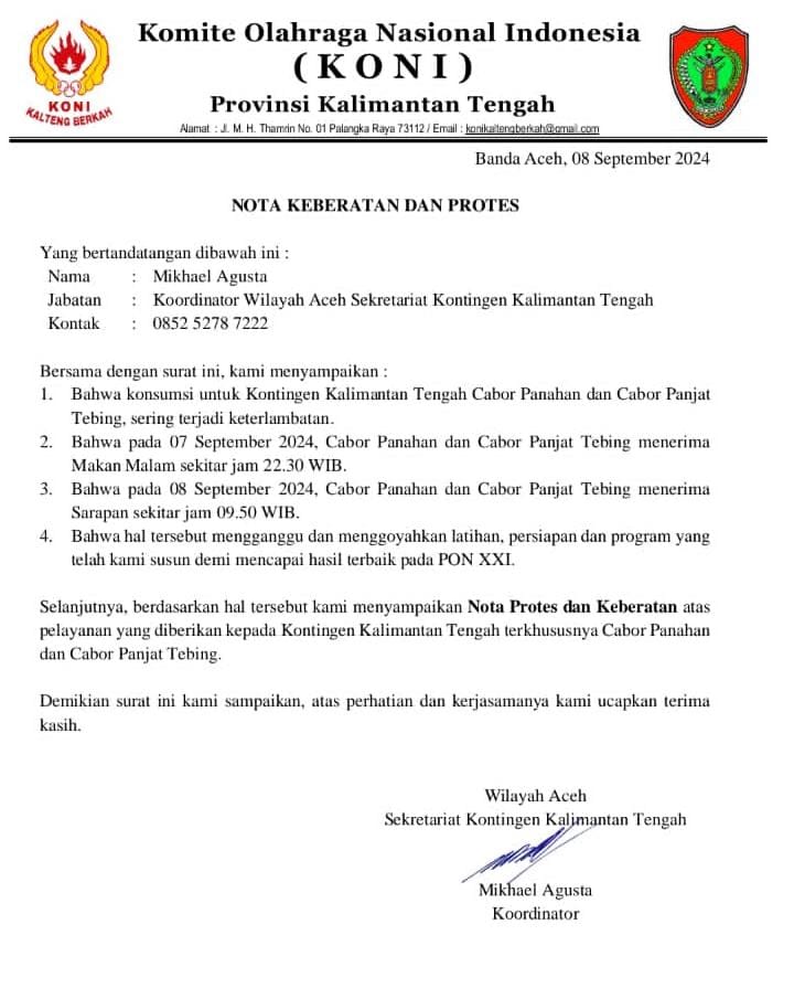 Konsumsi Telat, Kontingen Kalimantan Tengah Ajukan Protes ke PB PON Aceh